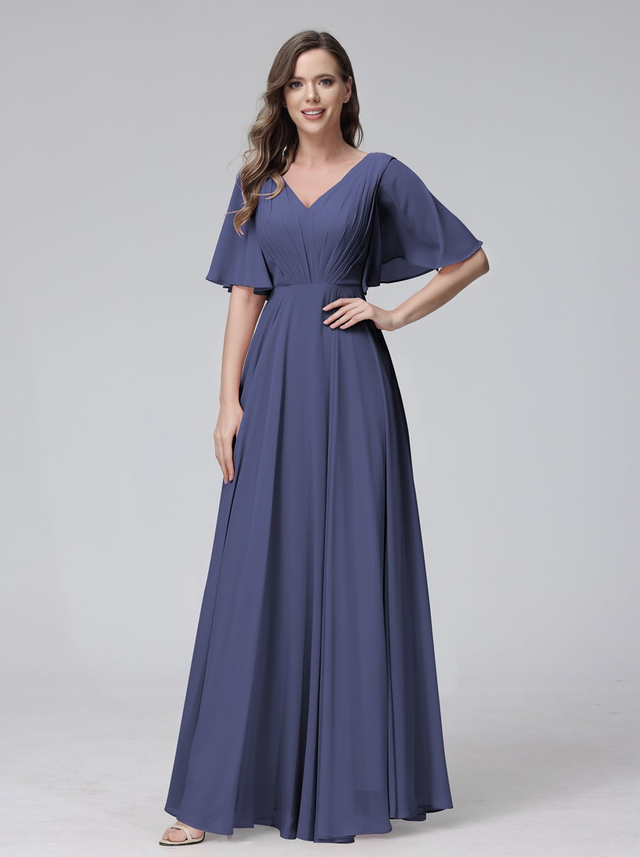 A-Line/Princess V-Neck Half Sleeves Floor-Length Bridemaid Dresses With Ruffles & Pockets