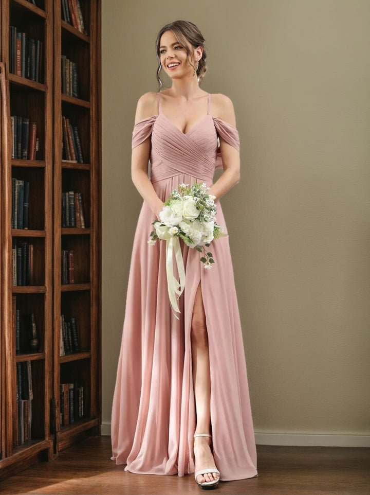 A-Line/Princess V-Neck Spaghetti Straps Floor-Length Chiffon Bridesmaid Dresses with Split Side