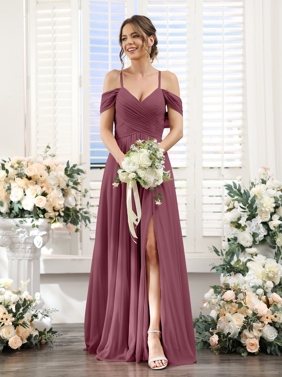 A-Line/Princess V-Neck Spaghetti Straps Floor-Length Chiffon Bridesmaid Dresses with Split Side