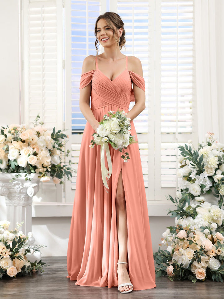 A-Line/Princess V-Neck Spaghetti Straps Floor-Length Chiffon Bridesmaid Dresses with Split Side