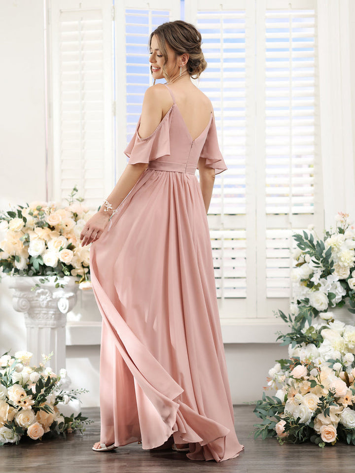 A-Line/Princess Spaghetti Straps Floor-Length Chiffon Bridesmaid Dresses with Split Side & Ruched