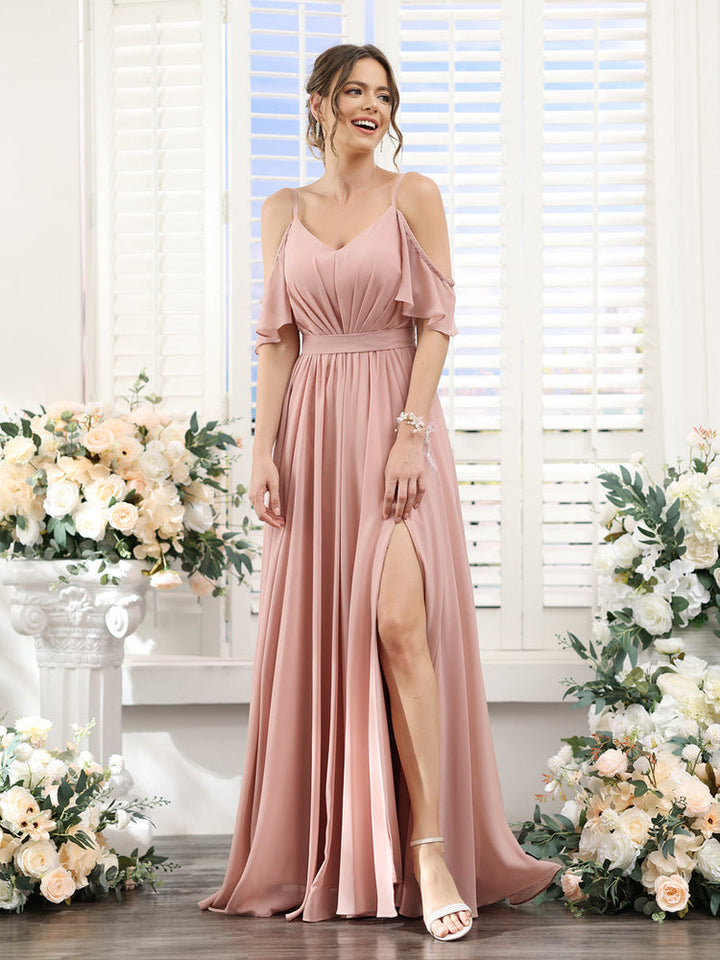 A-Line/Princess Spaghetti Straps Floor-Length Chiffon Bridesmaid Dresses with Split Side & Ruched