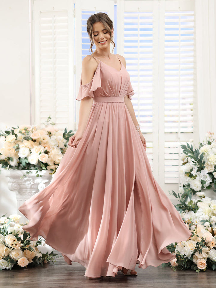 A-Line/Princess Spaghetti Straps Floor-Length Chiffon Bridesmaid Dresses with Split Side & Ruched