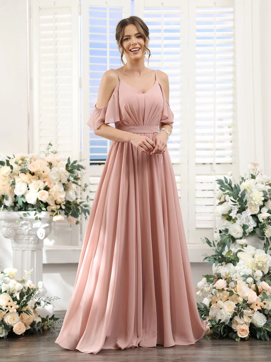 A-Line/Princess Spaghetti Straps Floor-Length Chiffon Bridesmaid Dresses with Split Side & Ruched