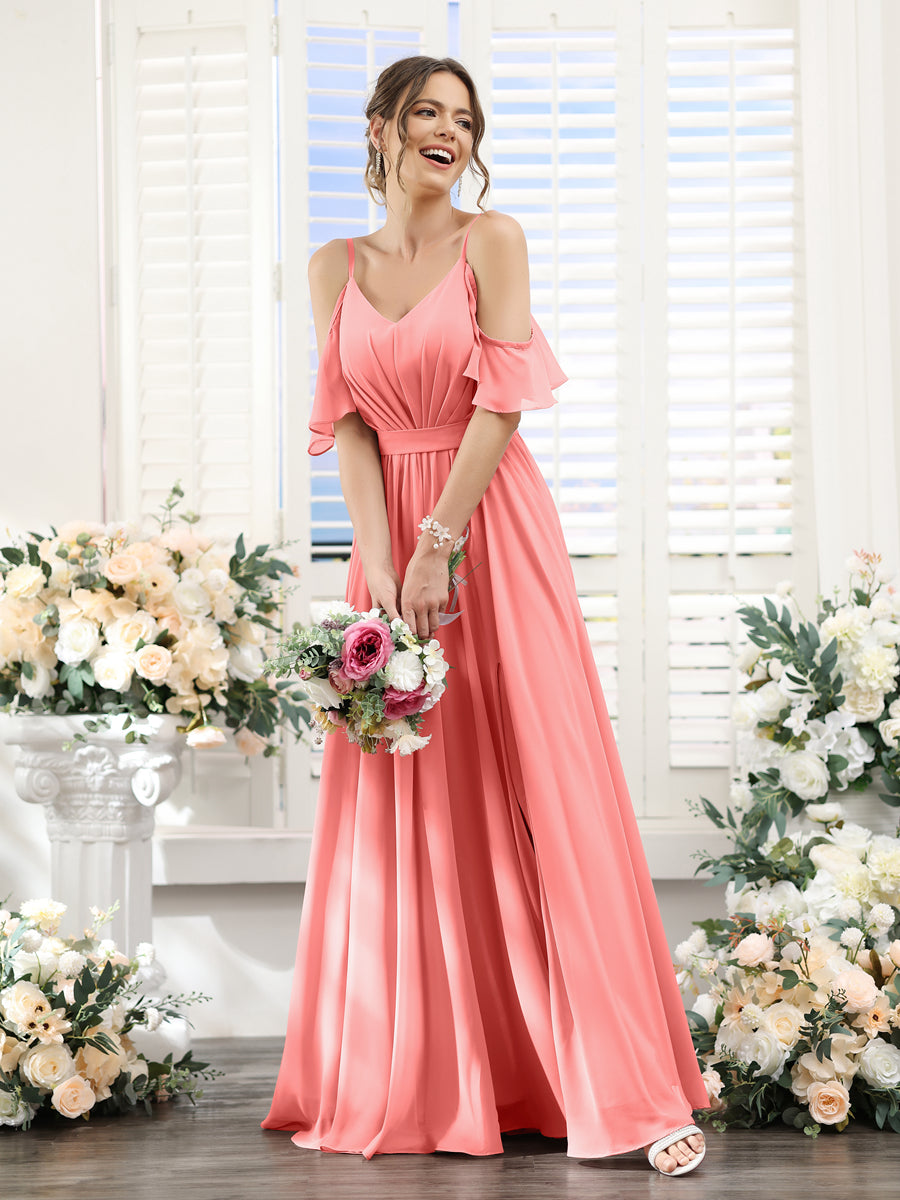 A-Line/Princess Spaghetti Straps Floor-Length Chiffon Bridesmaid Dresses with Split Side & Ruched