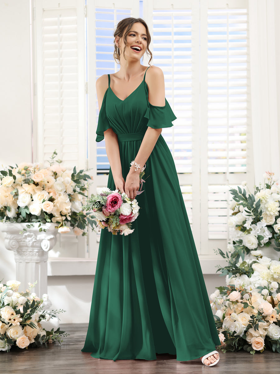 A-Line/Princess Spaghetti Straps Floor-Length Chiffon Bridesmaid Dresses with Split Side & Ruched