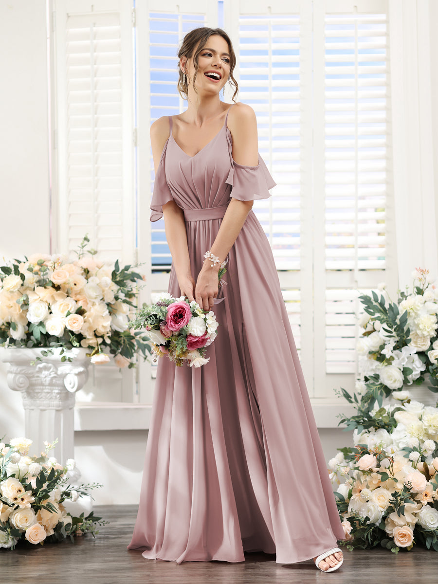 A-Line/Princess Spaghetti Straps Floor-Length Chiffon Bridesmaid Dresses with Split Side & Ruched