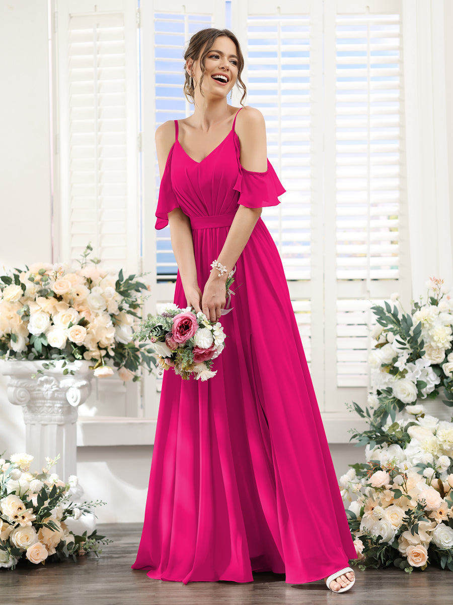 A-Line/Princess Spaghetti Straps Floor-Length Chiffon Bridesmaid Dresses with Split Side & Ruched