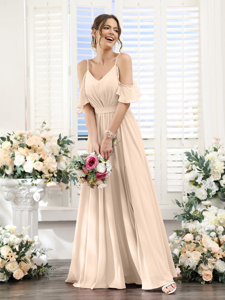 A-Line/Princess Spaghetti Straps Floor-Length Chiffon Bridesmaid Dresses with Split Side & Ruched