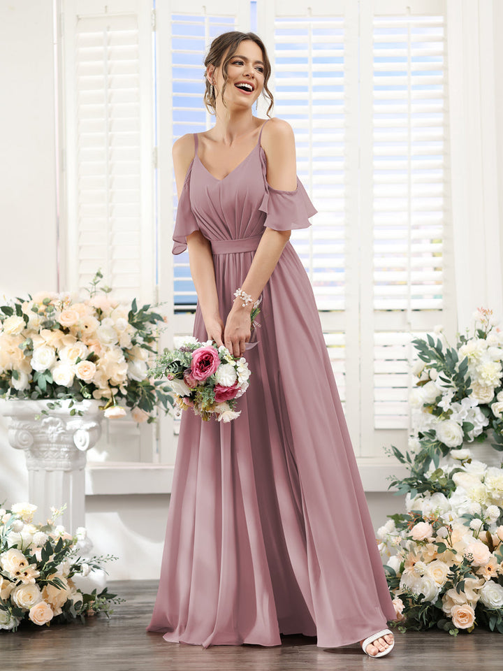 A-Line/Princess Spaghetti Straps Floor-Length Chiffon Bridesmaid Dresses with Split Side & Ruched