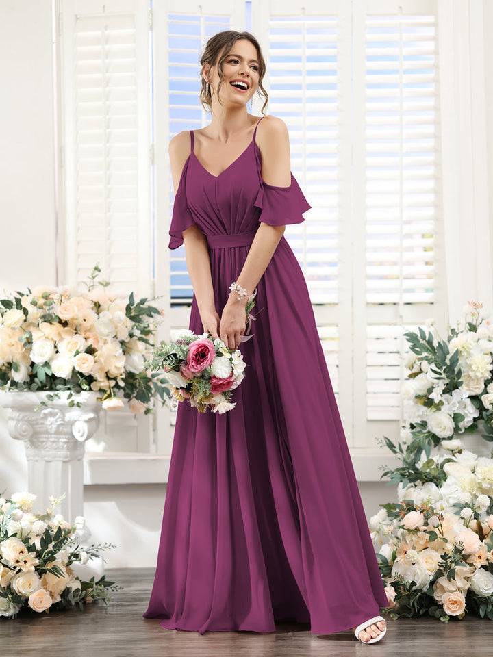 A-Line/Princess Spaghetti Straps Floor-Length Chiffon Bridesmaid Dresses with Split Side & Ruched