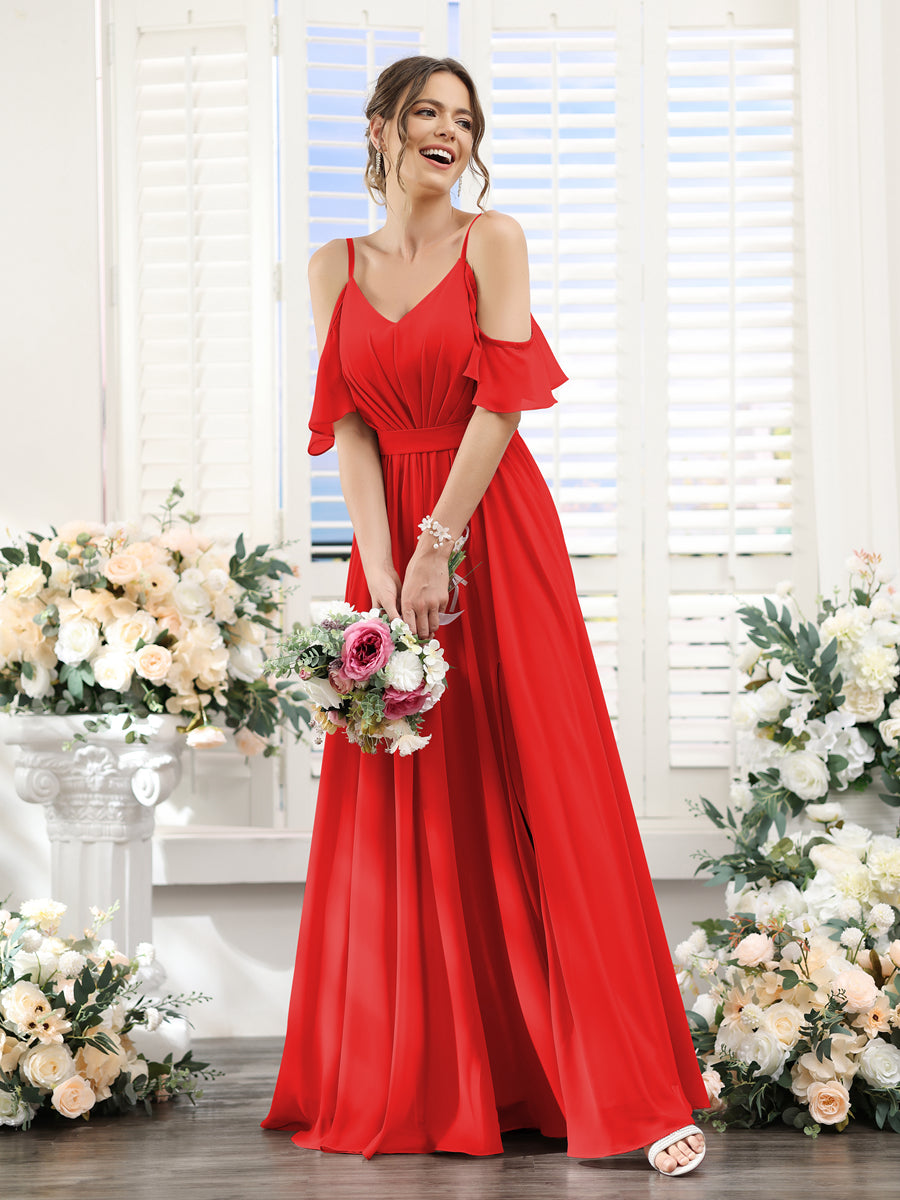 A-Line/Princess Spaghetti Straps Floor-Length Chiffon Bridesmaid Dresses with Split Side & Ruched