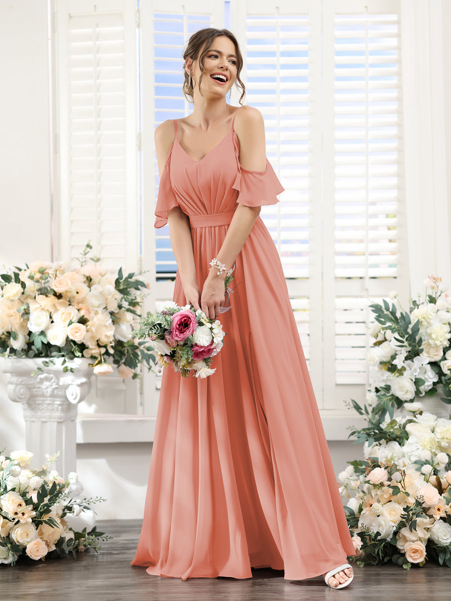 A-Line/Princess Spaghetti Straps Floor-Length Chiffon Bridesmaid Dresses with Split Side & Ruched