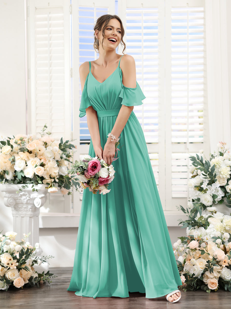 A-Line/Princess Spaghetti Straps Floor-Length Chiffon Bridesmaid Dresses with Split Side & Ruched