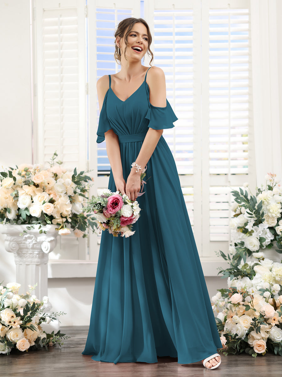 A-Line/Princess Spaghetti Straps Floor-Length Chiffon Bridesmaid Dresses with Split Side & Ruched