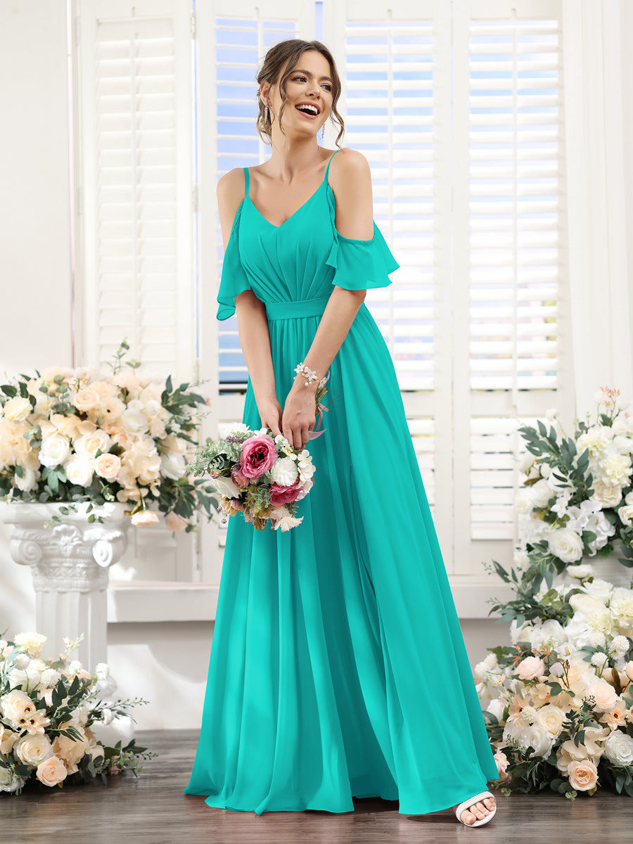 A-Line/Princess Spaghetti Straps Floor-Length Chiffon Bridesmaid Dresses with Split Side & Ruched