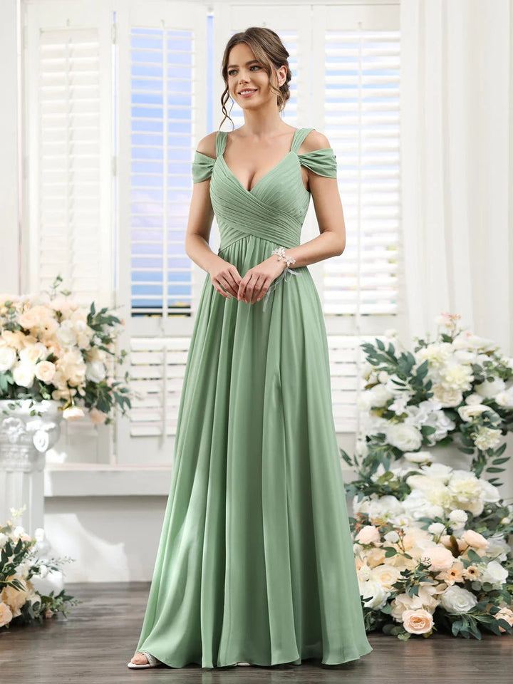 A-Line/Princess V-Neck Floor-Length Chiffon Bridesmaid Dresses with Split Side & Ruched