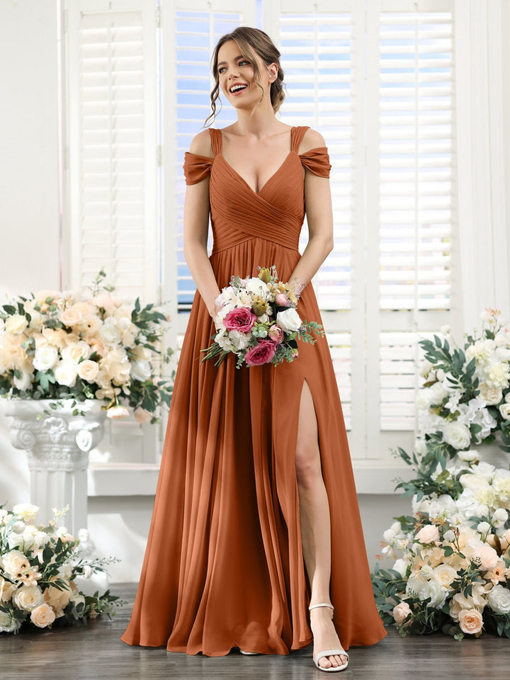 A-Line/Princess V-Neck Floor-Length Chiffon Bridesmaid Dresses with Split Side & Ruched