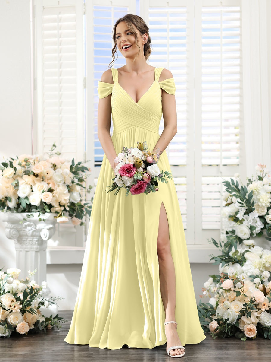 A-Line/Princess V-Neck Floor-Length Chiffon Bridesmaid Dresses with Split Side & Ruched