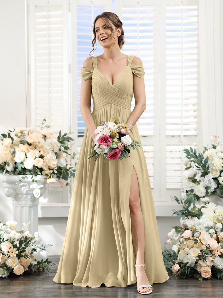 A-Line/Princess V-Neck Floor-Length Chiffon Bridesmaid Dresses with Split Side & Ruched