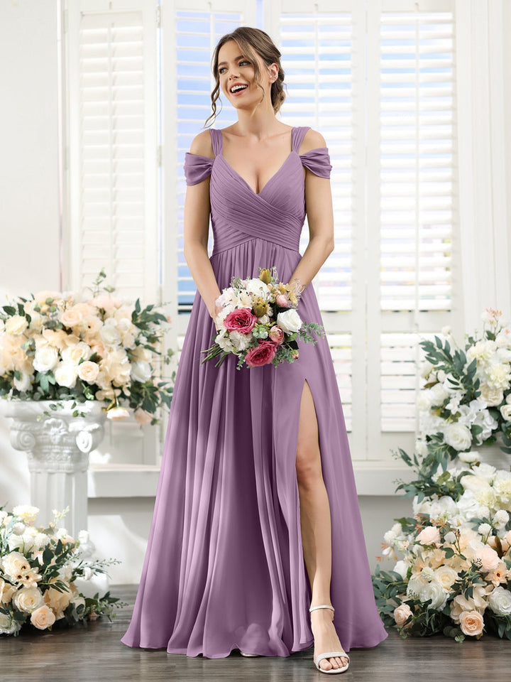 A-Line/Princess V-Neck Floor-Length Chiffon Bridesmaid Dresses with Split Side & Ruched