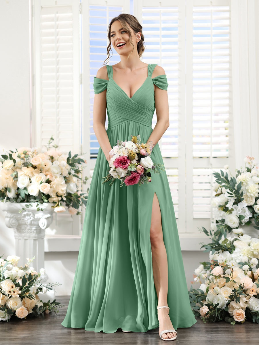 A-Line/Princess V-Neck Floor-Length Chiffon Bridesmaid Dresses with Split Side & Ruched