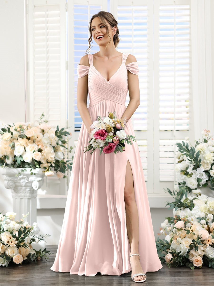 A-Line/Princess V-Neck Floor-Length Chiffon Bridesmaid Dresses with Split Side & Ruched