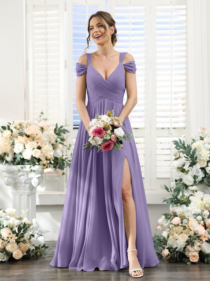 A-Line/Princess V-Neck Floor-Length Chiffon Bridesmaid Dresses with Split Side & Ruched