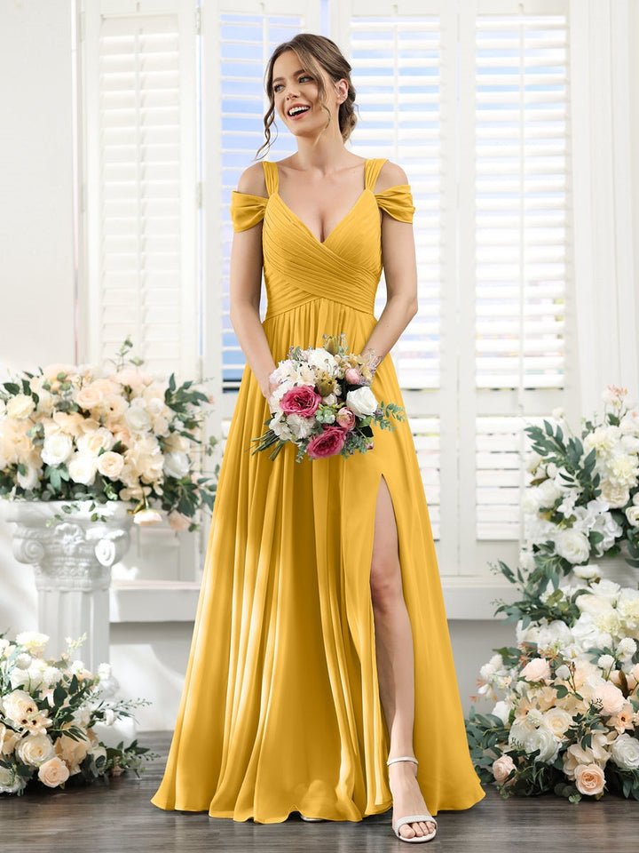 A-Line/Princess V-Neck Floor-Length Chiffon Bridesmaid Dresses with Split Side & Ruched