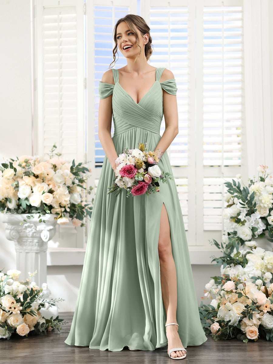 A-Line/Princess V-Neck Floor-Length Chiffon Bridesmaid Dresses with Split Side & Ruched