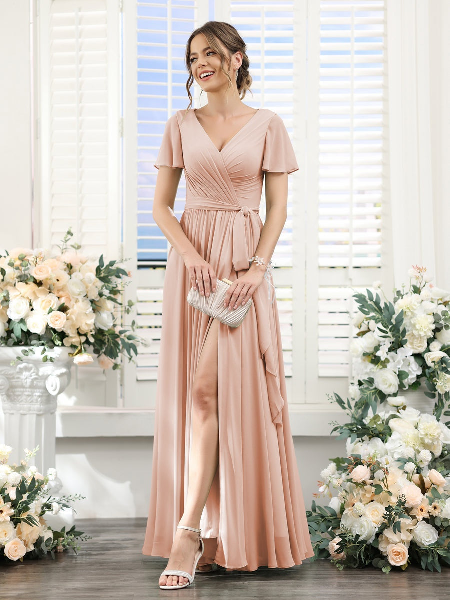 A-Line/Princess V-Neck Short Sleeves Floor-Length Chiffon Bridesmaid Dresses with Split Side & Ruched