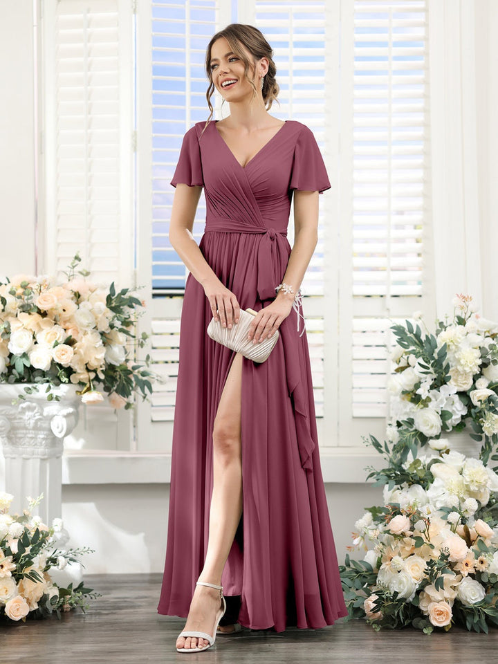 A-Line/Princess V-Neck Short Sleeves Floor-Length Chiffon Bridesmaid Dresses with Split Side & Ruched