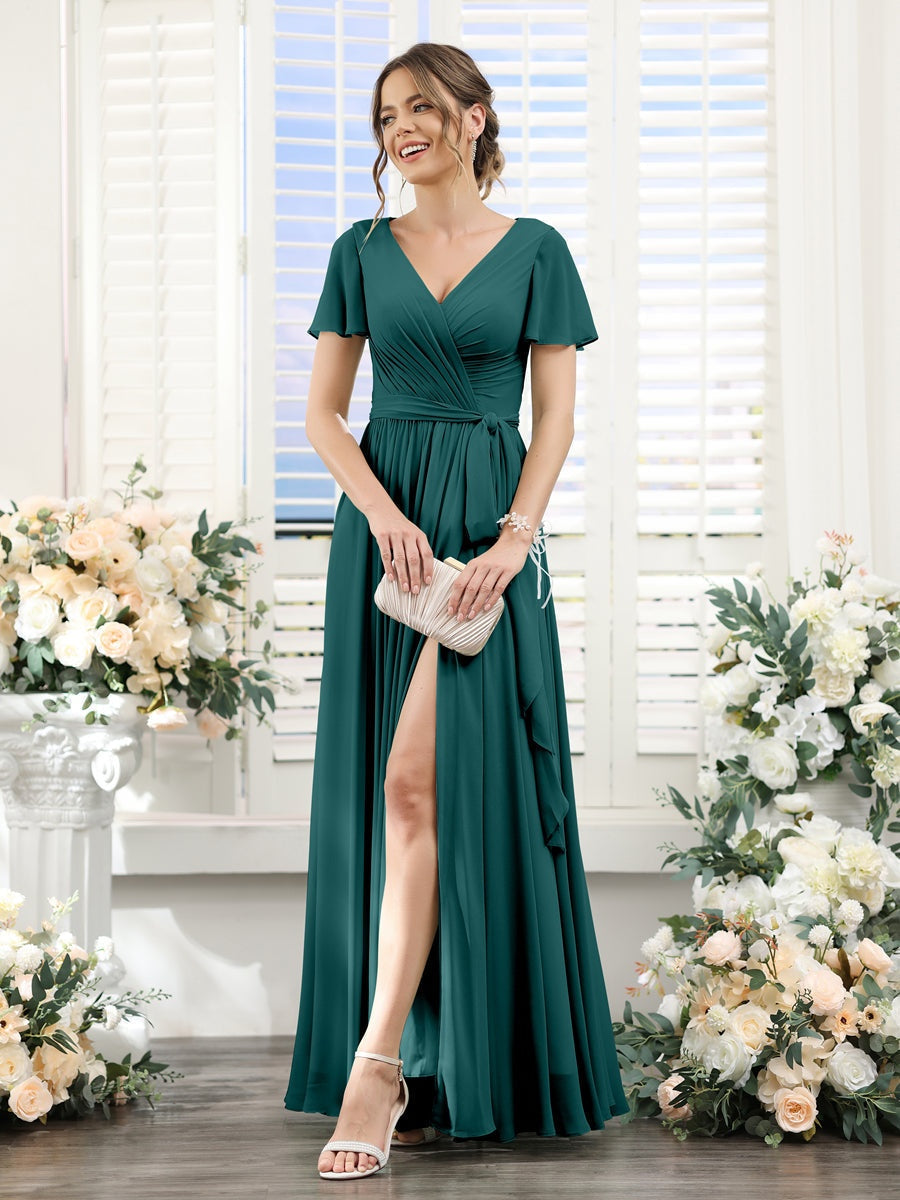 A-Line/Princess V-Neck Short Sleeves Floor-Length Chiffon Bridesmaid Dresses with Split Side & Ruched