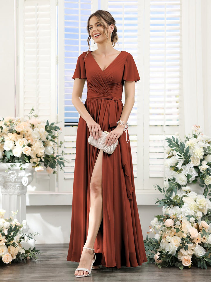 A-Line/Princess V-Neck Short Sleeves Floor-Length Chiffon Bridesmaid Dresses with Split Side & Ruched