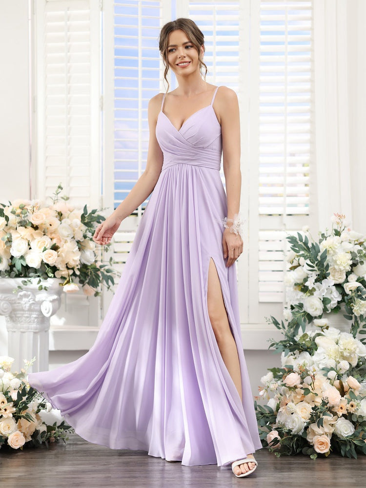 A-Line/Princess V-Neck Spaghetti Straps Sleeveless Floor-Length Chiffon Bridesmaid Dresses with Split Side