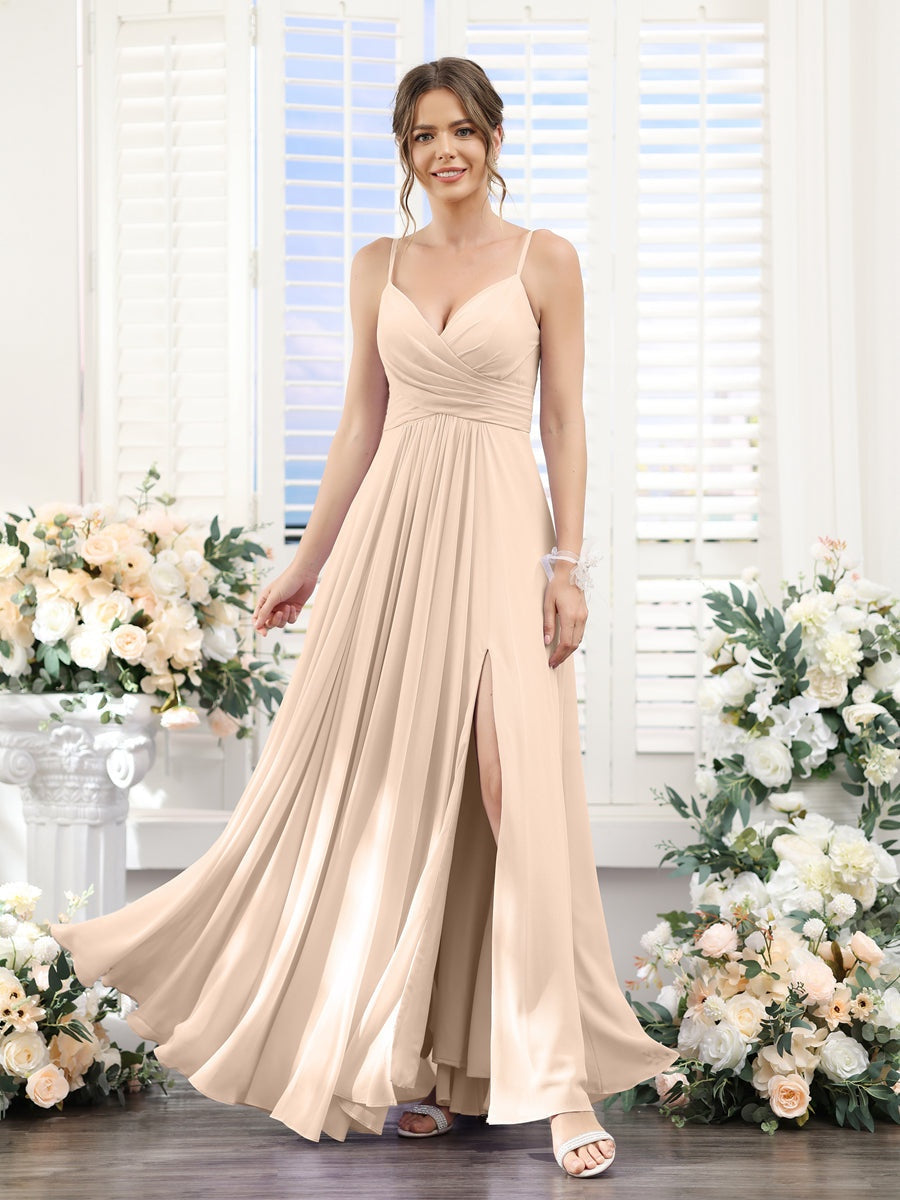 A-Line/Princess V-Neck Spaghetti Straps Sleeveless Floor-Length Chiffon Bridesmaid Dresses with Split Side