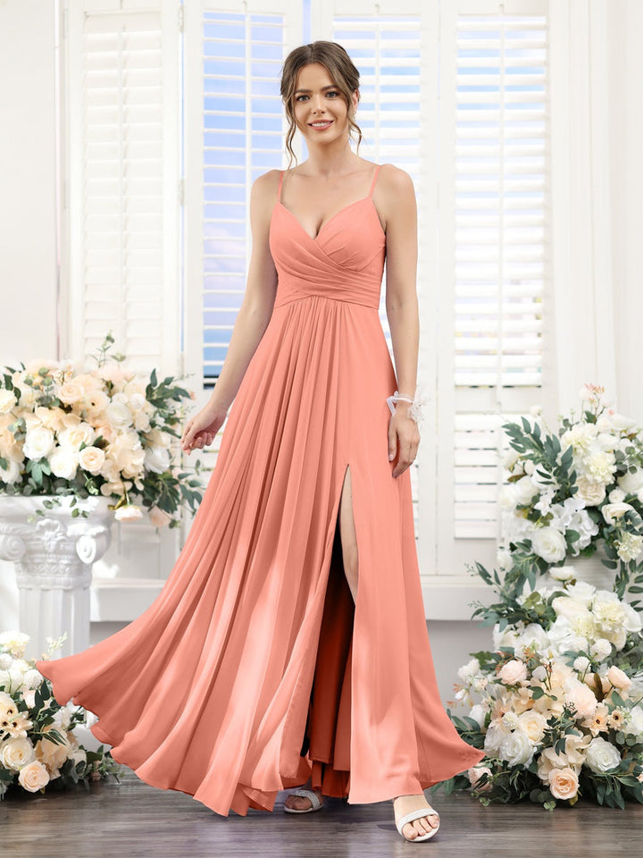 A-Line/Princess V-Neck Spaghetti Straps Sleeveless Floor-Length Chiffon Bridesmaid Dresses with Split Side