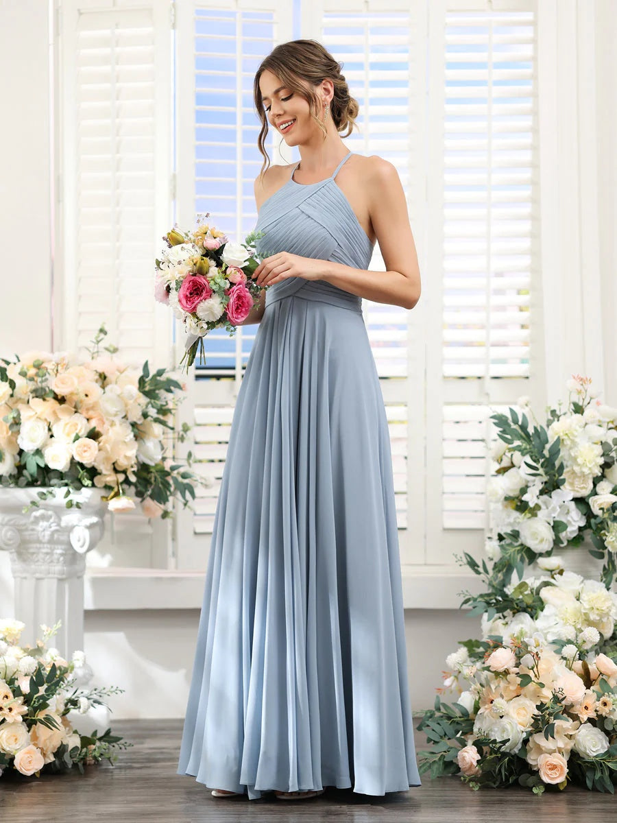 A-Line/Princess Halter Sleeveless Floor-Length Chiffon Bridesmaid Dresses with Ruched