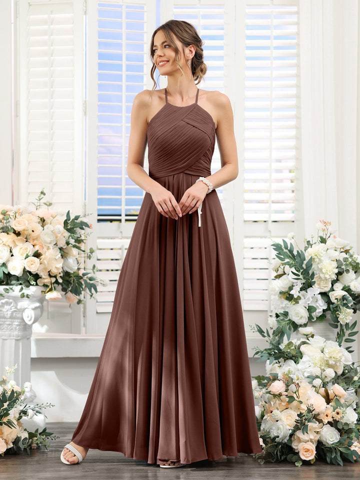 A-Line/Princess Halter Sleeveless Floor-Length Chiffon Bridesmaid Dresses with Ruched