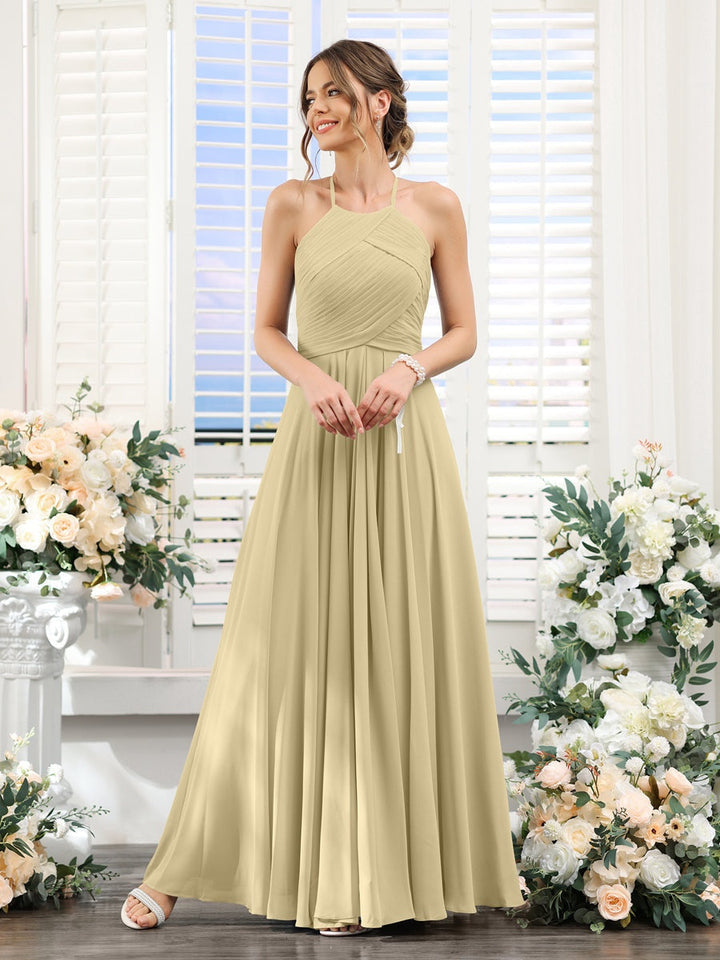 A-Line/Princess Halter Sleeveless Floor-Length Chiffon Bridesmaid Dresses with Ruched