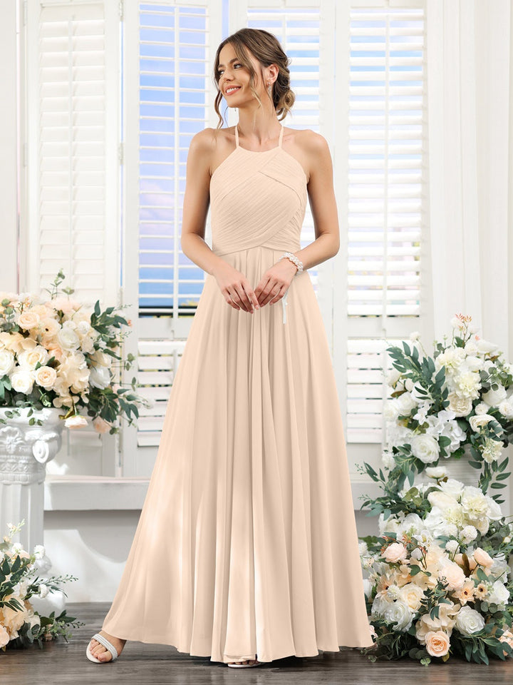 A-Line/Princess Halter Sleeveless Floor-Length Chiffon Bridesmaid Dresses with Ruched