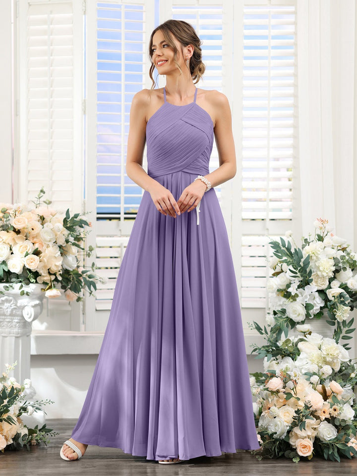 A-Line/Princess Halter Sleeveless Floor-Length Chiffon Bridesmaid Dresses with Ruched