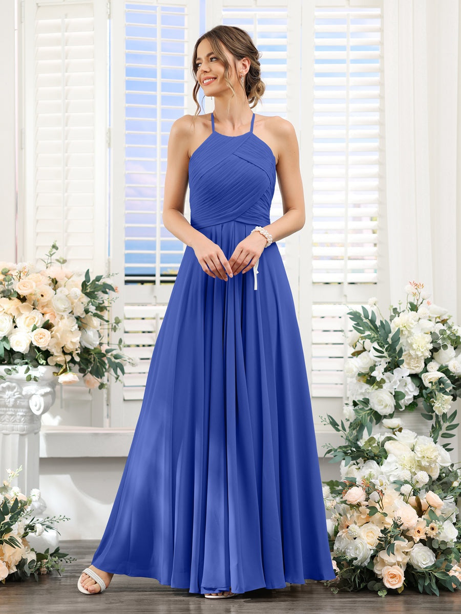 A-Line/Princess Halter Sleeveless Floor-Length Chiffon Bridesmaid Dresses with Ruched