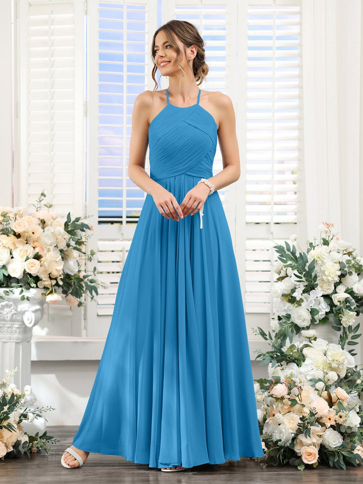 A-Line/Princess Halter Sleeveless Floor-Length Chiffon Bridesmaid Dresses with Ruched