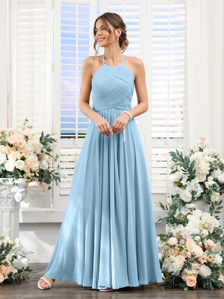 A-Line/Princess Halter Sleeveless Floor-Length Chiffon Bridesmaid Dresses with Ruched