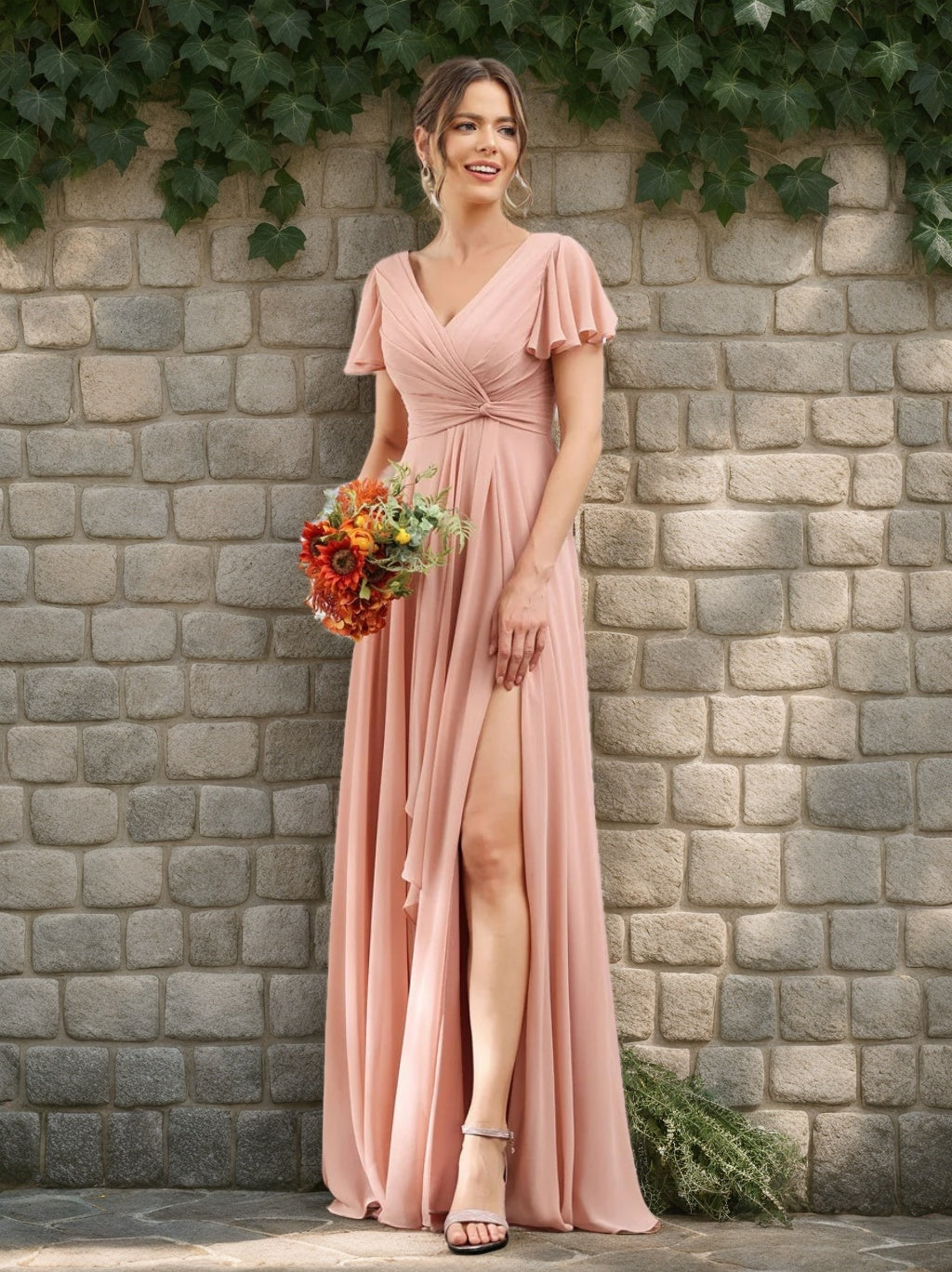 A-Line/Princess V-Neck Short Sleeves Floor-Length Bridesmaid Dresses with Split Side