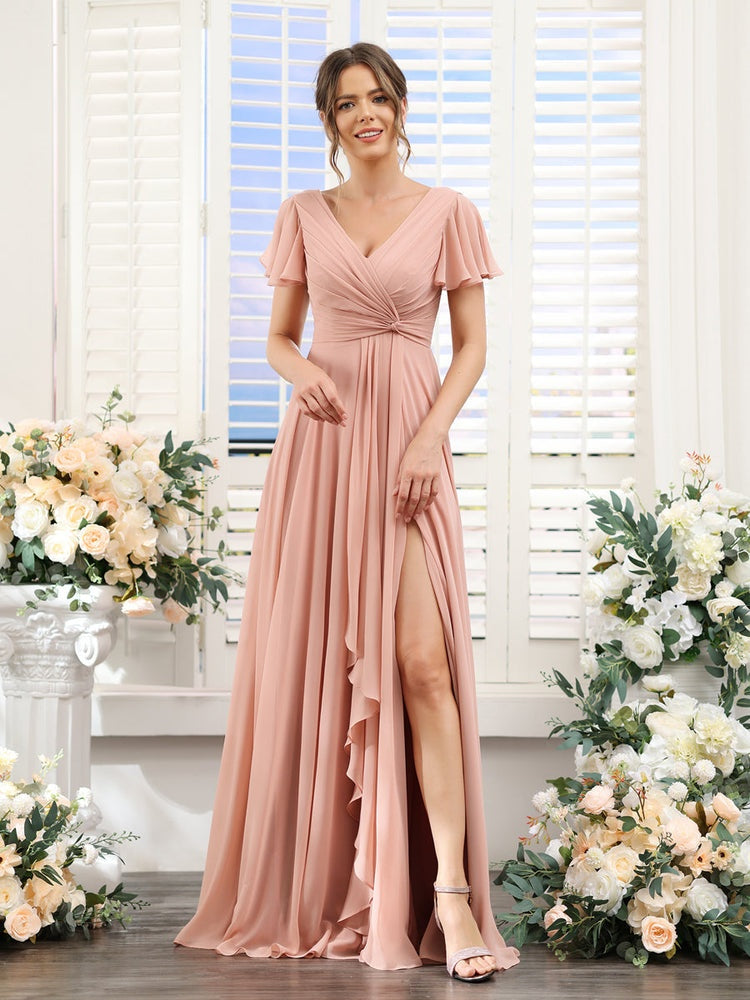 A-Line/Princess V-Neck Short Sleeves Floor-Length Bridesmaid Dresses with Split Side