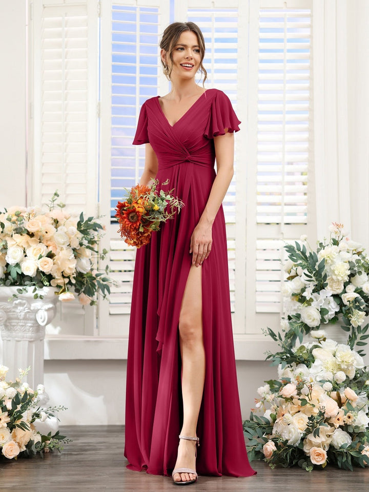 A-Line/Princess V-Neck Short Sleeves Floor-Length Bridesmaid Dresses with Split Side