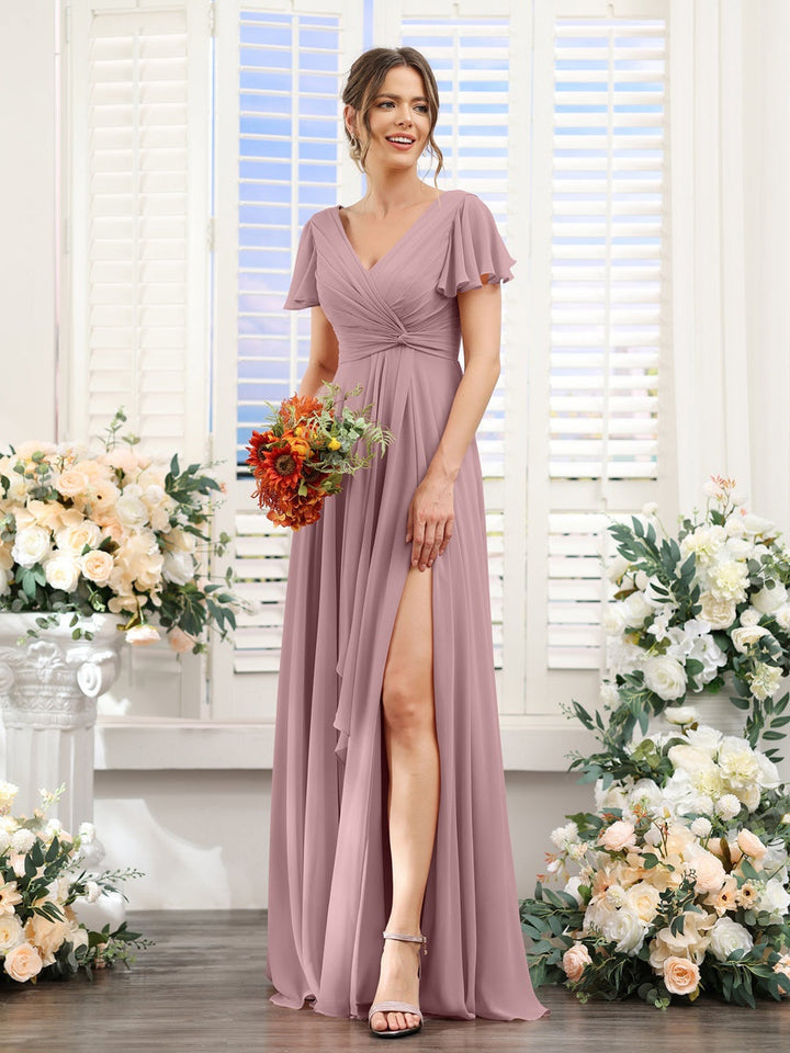 A-Line/Princess V-Neck Short Sleeves Floor-Length Bridesmaid Dresses with Split Side