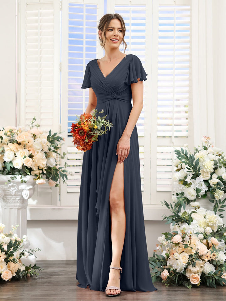 A-Line/Princess V-Neck Short Sleeves Floor-Length Bridesmaid Dresses with Split Side